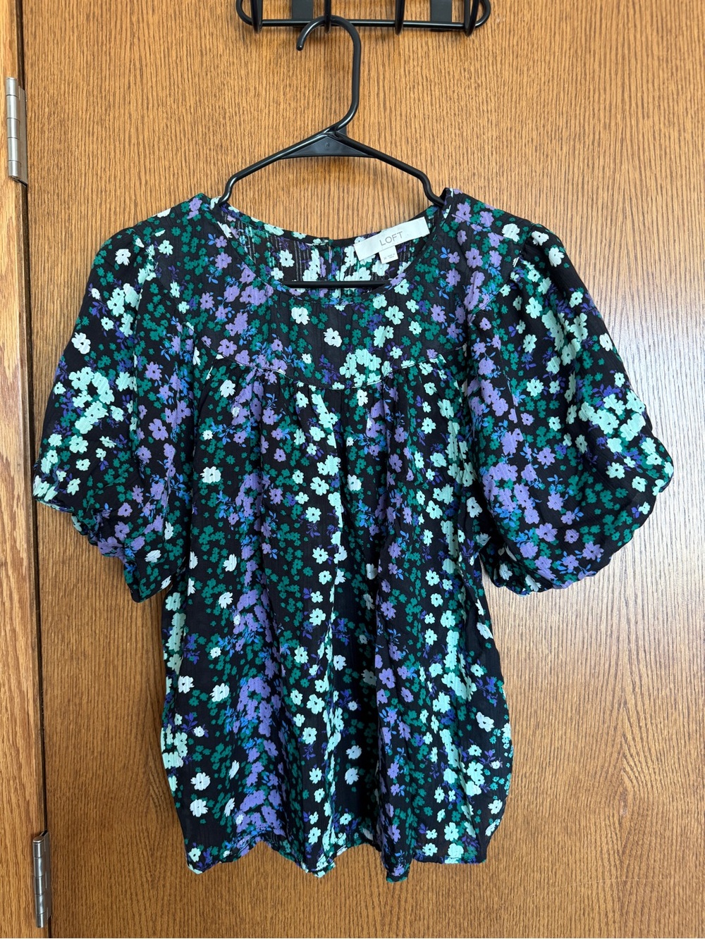 LOFT Black Floral Puff-Sleeve Top with Green and Purple Flowers